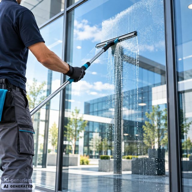 Reinigung einer großflächigen Glasfassade mit Fensterabzieher – KI-generiertes Symbolbild